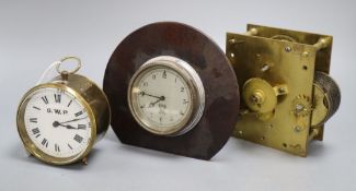 A brass GWR timepiece, a Smith's oak framed timepiece and a fusee clock movement