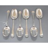 A set of six George V silver hanovarian rat tail pattern dessert spoons, George Howson, Sheffield,