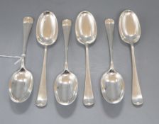 A set of six George V silver hanovarian rat tail pattern dessert spoons, George Howson, Sheffield,