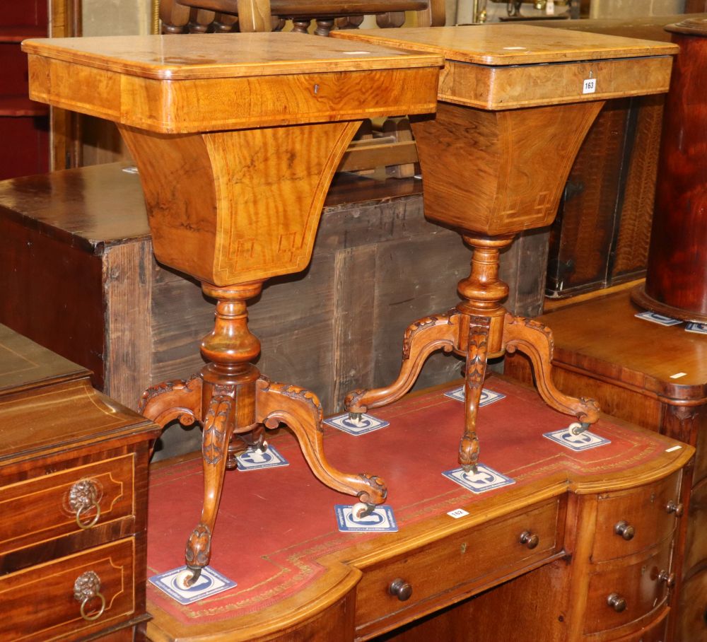 A pair of Victorian burr walnut work tables, on quadruple cabriole bases, W.52cm, D.38cm, H.74cm