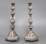 A pair of George V silver Sabbath Day candlesticks by J. Zeving, London, 1920, 30.2cm, weighted,