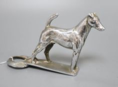 A vintage plated metal smooth fox terrier car mascot, height 10cm