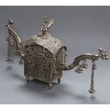 A Thai? white metal two handled pot pourri? box, hung with numerous bells, length 25cm, 10oz.