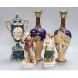 A pair of Doulton Slaters patent stoneware vases, Continental figures and a Vienna style urn and