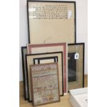 A collection of five Chinese prints, a Victorian sampler etc