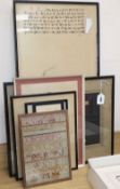 A collection of five Chinese prints, a Victorian sampler etc