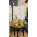 A corinthian column standard lamp, height 132cm, a pair of candlesticks and Benares table and two