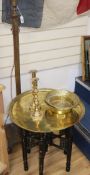 A corinthian column standard lamp, height 132cm, a pair of candlesticks and Benares table and two