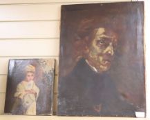 Two unframed oil on canvas studies, Portrait of a girl, 30 x 28cm and a sketch of a gentleman, 60