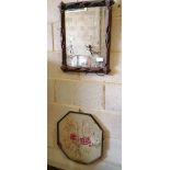 A trap work mirror, W.42cm, H.52cm and a silkwork polescreen banner