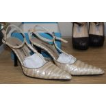 A pair of Karen Millen pearlised snakeskin stilettos with T bar strap, size 37 (boxed)