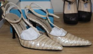 A pair of Karen Millen pearlised snakeskin stilettos with T bar strap, size 37 (boxed)