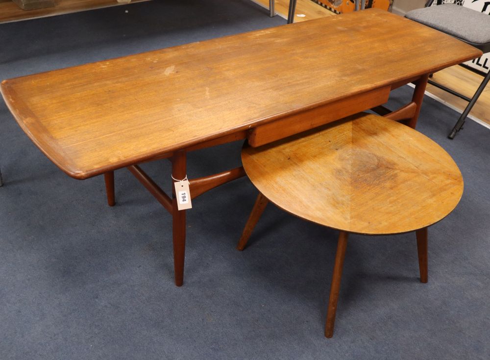 A rectangular teak circular coffee table and a rectangular table, rectangular table W.153cm, D.52cm,