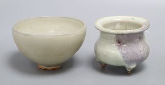 A Chinese three footed censer and a bowl, diameter 12cm