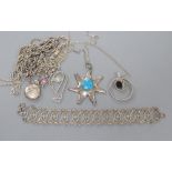 Mixed white metal jewellery including a pierced openwork necklace, ropetwist chain etc.