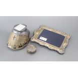A silver photograph frame, 20.9cm, a Victorian silver patch box and a plated horse's hoof inkwell.
