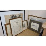 A group of assorted pictures and prints including Francis Leake, watercolour of a sailing ship, a