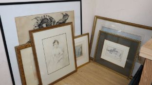 A group of assorted pictures and prints including Francis Leake, watercolour of a sailing ship, a