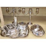 A collection of silver plate, including an Asprey tureen and cover, a plated candelabra etc.