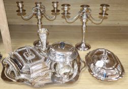A collection of silver plate, including an Asprey tureen and cover, a plated candelabra etc.