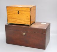 A 19th century brass inlaid mahogany stationery with Bramah lock, together with a satinwood box,