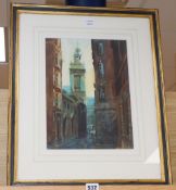 Alexander Cresswell (1957-), watercolour, St Michael Paternoster from Cloak Lane, 1993, signed, 37 x