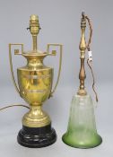 An Edwardian brass and green glass pendant lamp, drop 41cm, together with another lamp,