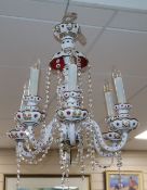 A Bohemian style white and ruby overlay glass six-light chandelier, drop approx. 50cm