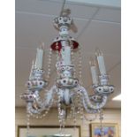 A Bohemian style white and ruby overlay glass six-light chandelier, drop approx. 50cm