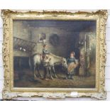 Victorian School, oil on canvas, Children and pony in a stable, indistinctly signed, 52 x 63cm