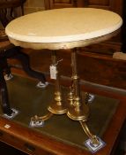 A circular giltwood marble top occasional table and a painted standard lamp, table 55cm diameter,