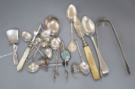 Mixed silver and white metal flatware including a George III silver caddy spoon, Birmingham, 1814,