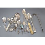Mixed silver and white metal flatware including a George III silver caddy spoon, Birmingham, 1814,