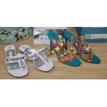 A pair of Gina orange turquoise and pink leather sandals with cross-over ankle straps and cut out