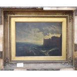 19th century English School, oil on mill board, Coastal landscape with castle, 22 x 30cm