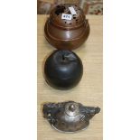 A Japanese incense burner and two items of metalware