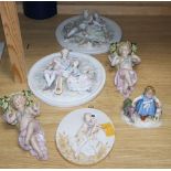 A group of Continental porcelain wall plaques and pockets and a figure group