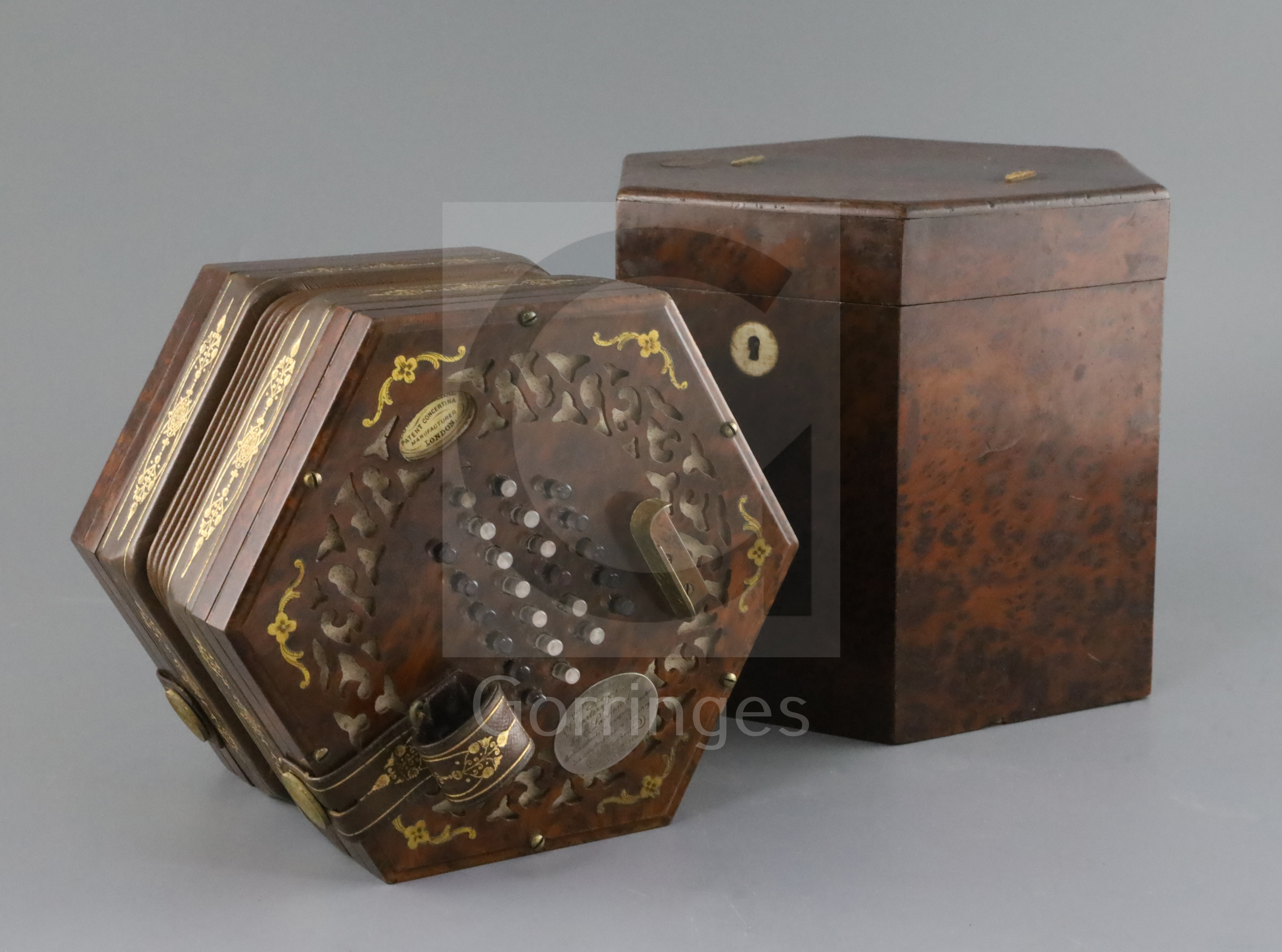 A 19th century Louis Lachenal Presentation cut brass inlaid thuya concertina, number 12378, with