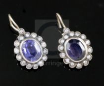 A pair of early 19th century, gold and silver, sapphire and diamond set oval cluster earrings, (