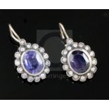 A pair of early 19th century, gold and silver, sapphire and diamond set oval cluster earrings, (