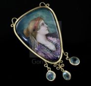 An early 20th century French Pierre Bonnaud Art Nouveau gold mounted enamelled Limoges pendant