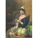 19th Century English Schooloil on canvasInterior with woman knitting and vegetables on a table