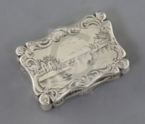 A Victorian silver shaped rectangular vinaigrette, by Edward Smith, the lid engraved with boats