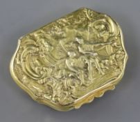 A George II silver gilt snuff box, of cartouche form and embossed with figures amid scrolls,