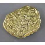 A George II silver gilt snuff box, of cartouche form and embossed with figures amid scrolls,