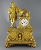 Dupuis à Paris. A mid 19th century French ormolu mantel clock, of architectural form, surmounted