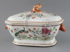 A Chinese export famille rose 'double peacock' soup tureen and cover, Qianlong period, the body