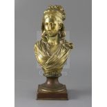 Carrier Belleuse. A late 19th century French ormolu bust of a young woman, with ribbon tied hair,