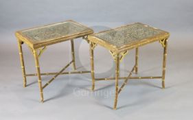 A pair of 20th century lacquered gilt faux bamboo occasional tables, inset with glazed, carved and