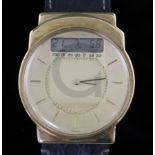 A gentleman's 14ct gold Junghans Mega digital and analogue quartz wrist watch, on Mega strap.